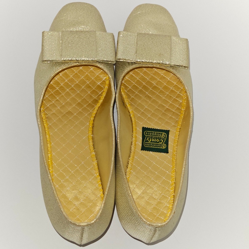 Rare VTG 60s Daniel Green‎ Gold Glitter Slippers Bow Lurex Heels US 7AA Narrow - Picture 5 of 14